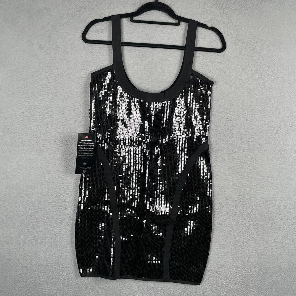 Bebe Dress Womens Large Black Sequin Downtown Scoop Bodycon Mini Cocktail Party
